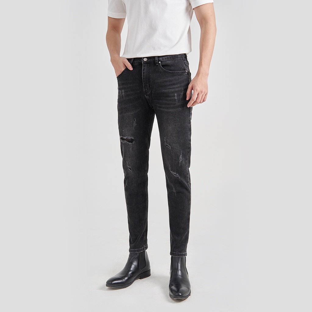 Quần Jean Nam Local Brand KRIK Dáng Slimfit Hàn Quốc, Màu Đen Rách Xước QJ0447