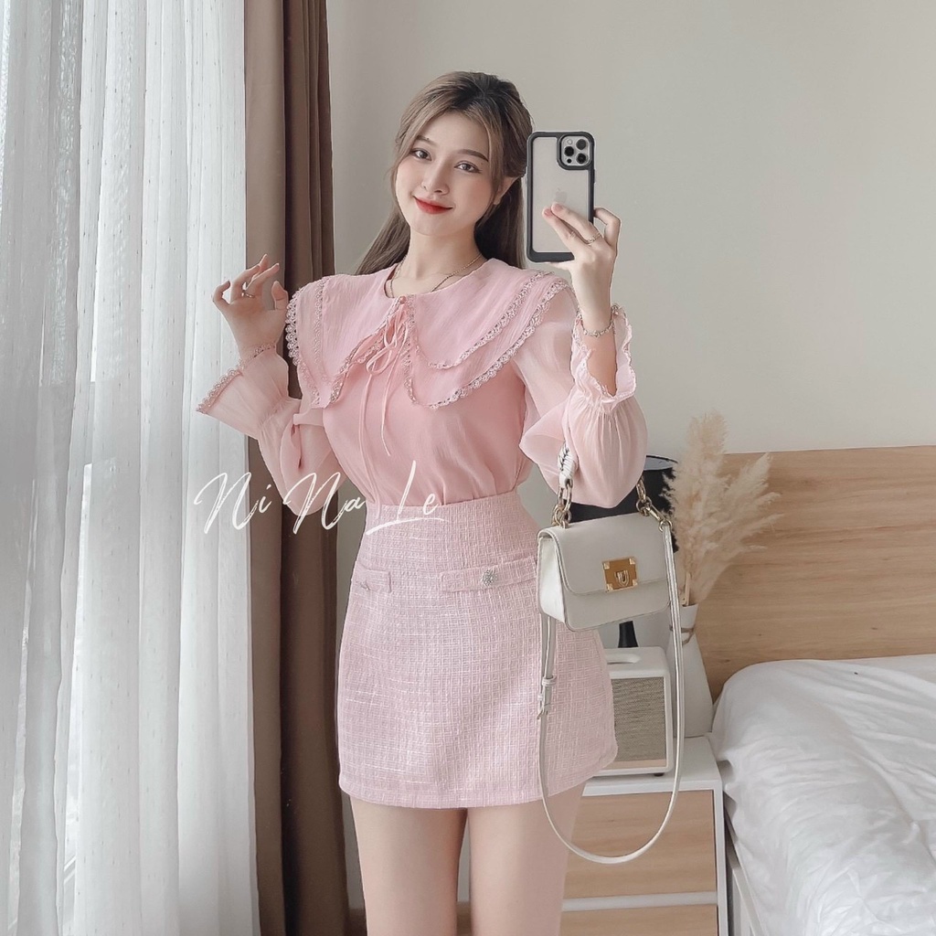 Set Áo Chân Váy EVANIA Set Áo Sơ Mi Chân Váy Dạ Phối Áo Voan Hai Lớp Cổ Bèo Thắt Nơ Hai Màu Trắng, Hồng - Mã V86