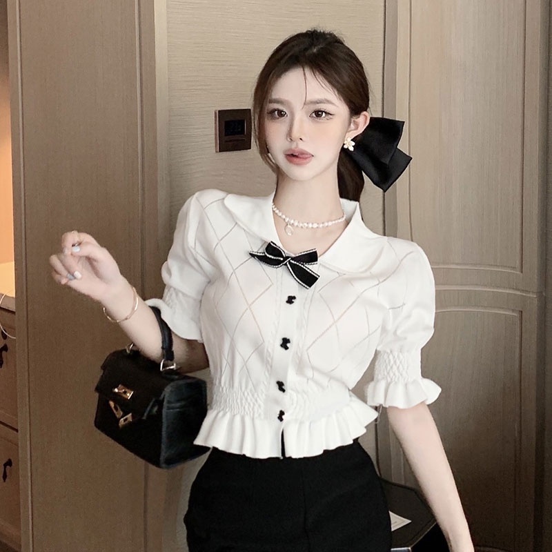 Áo dệt kim XINLANYASHE tay ngắn cổ polo thắt nơ phong cách Hàn Quốc dành cho nữ