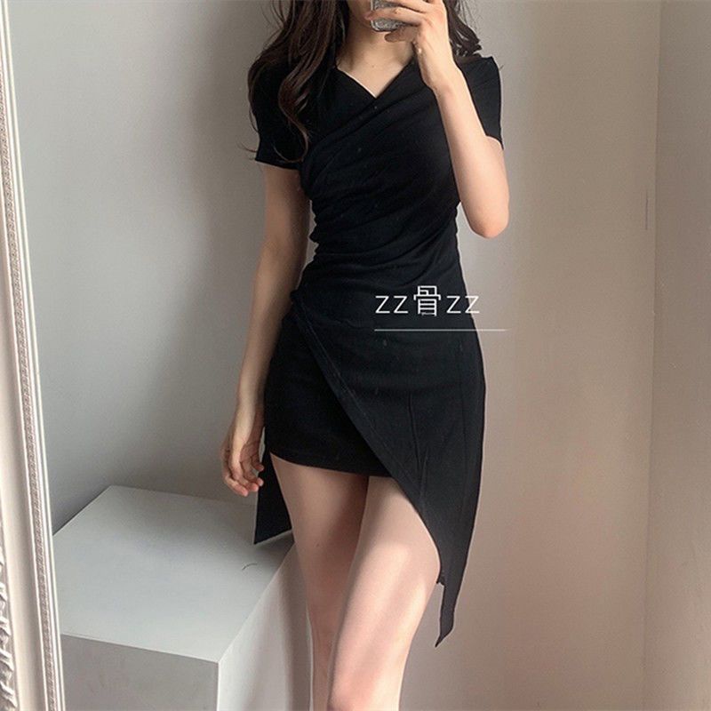 COZOK Đầm Tay Ngắn Cổ Chữ V Thiết Kế Không Đồng Đều Quyến Rũ Thời Trang