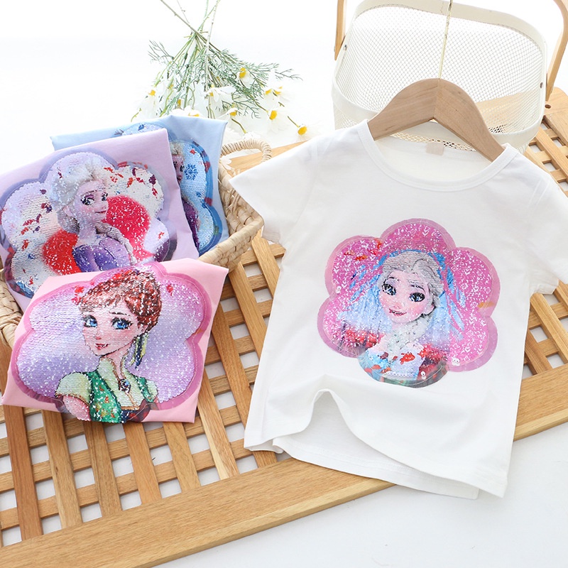 Áo Thun Cotton Tay Ngắn In Hình Công Chúa Elsa Đính Kim Sa Nhiều Màu Sắc Thời Trang Mùa Hè Cho Bé Gái 2-8 Tuổi