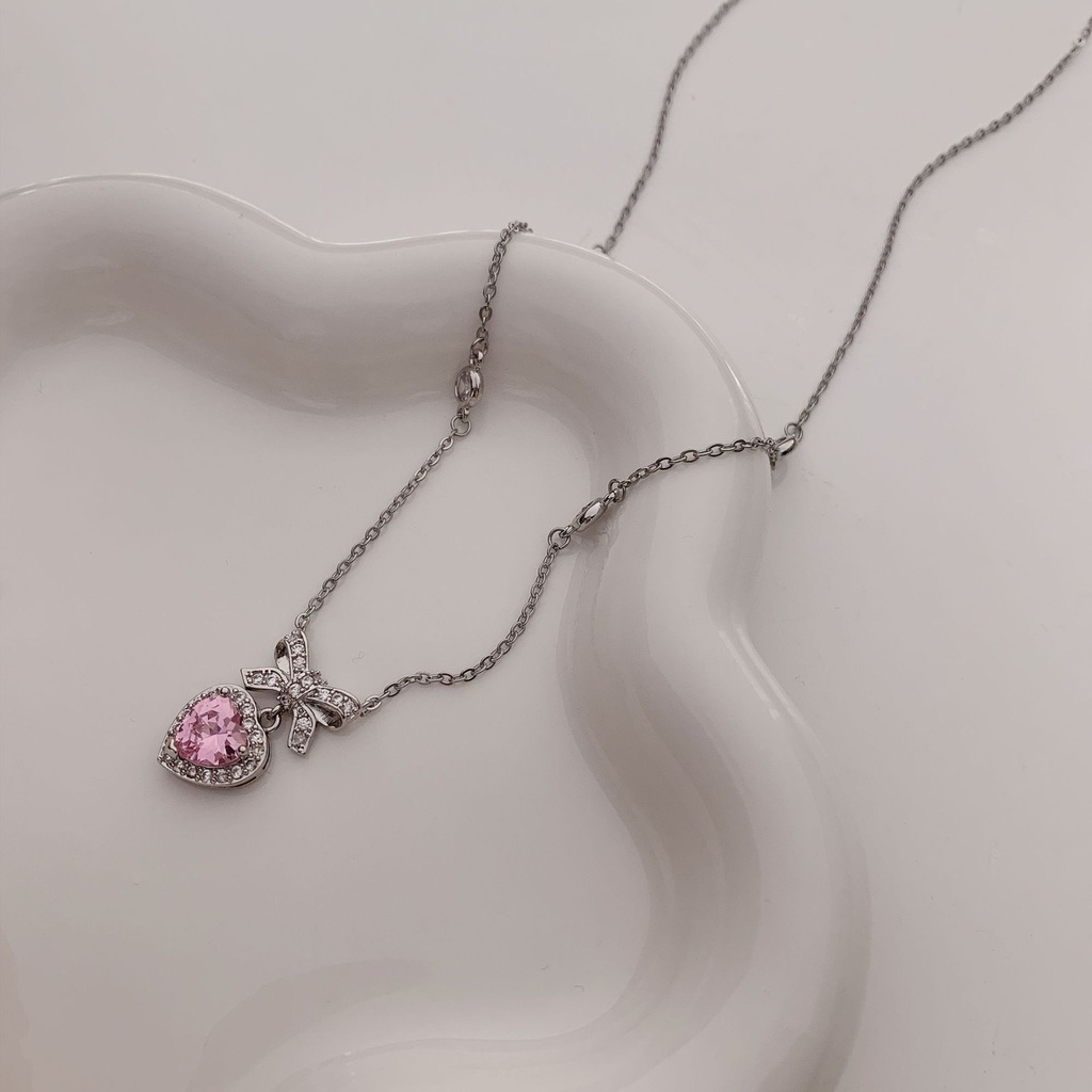 Vòng cổ Mặt Hình Nơ Đính Đá Zircon Hồng Đơn Giản Cho Nữ