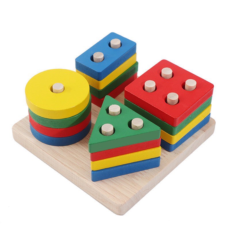 Đồ chơi thả hình xếp cọc 10 trụ gỗ học khối, đồ chơi xếp trụ hình học thông minh cho bé