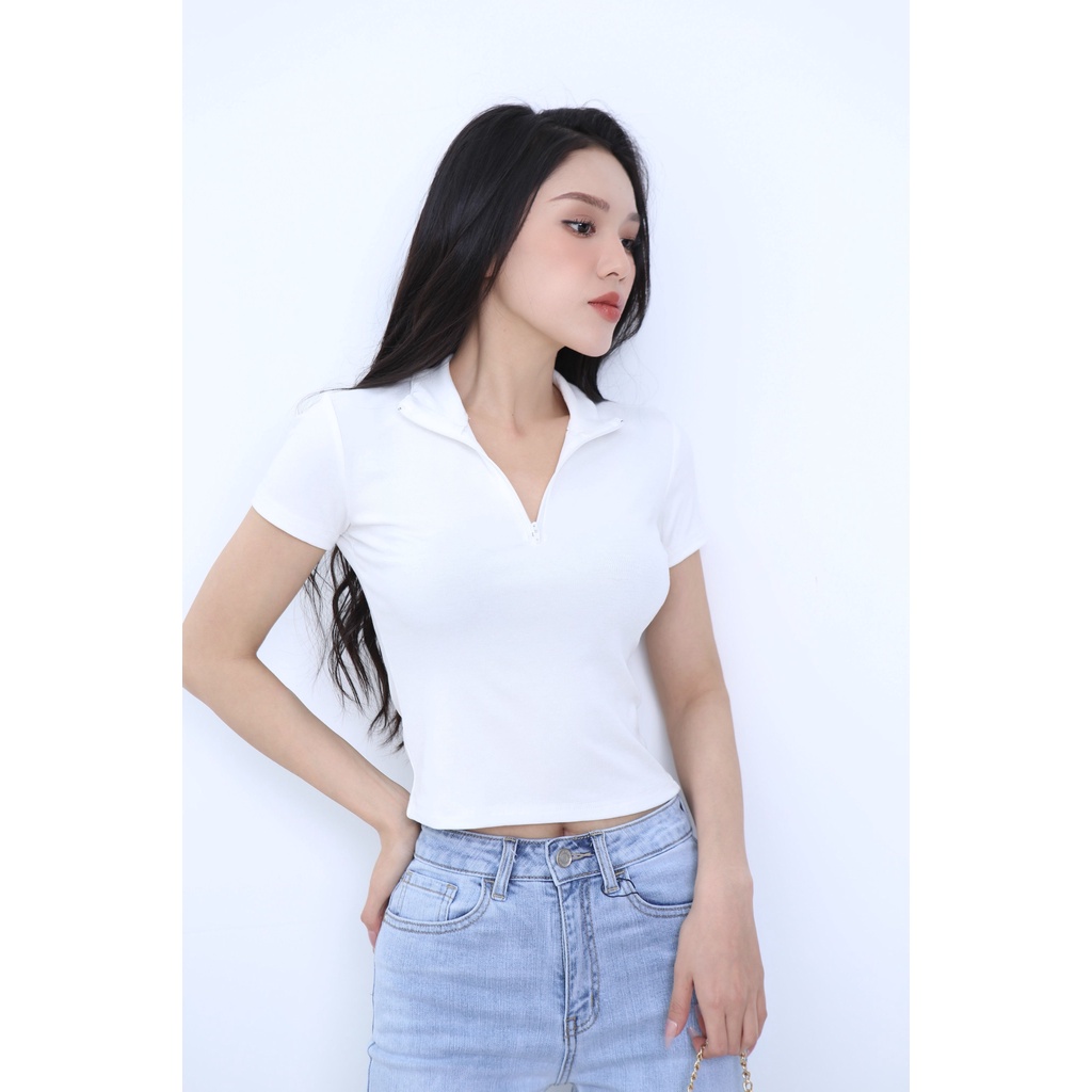Áo thun POLO tay ngắn - Áo kiểu cổ bẻ dáng ôm basic chất cotton zip co giãn phối khóa kéo sexy, TRENDYTOP | BigBuy360 - bigbuy360.vn