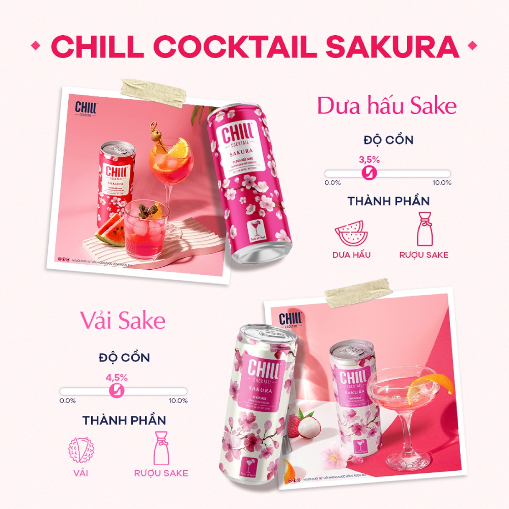 Combo 3 Thùng 6 lon Chill Cocktail Sakura mix vị Vải Sake & Dưa Hấu Sake (18 lon x 330ml/lon)