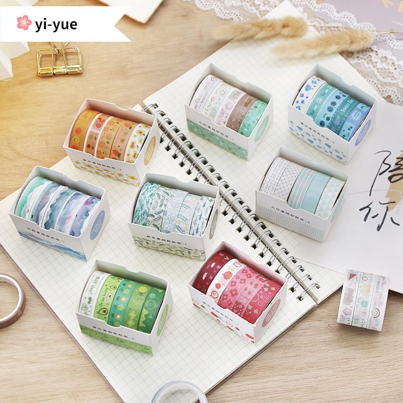 Set 5 Cuộn Băng Keo Dán Trang Trí Sổ Tay / Nhật Ký DIY Họa Tiết Hình Học Phong Cách Retro