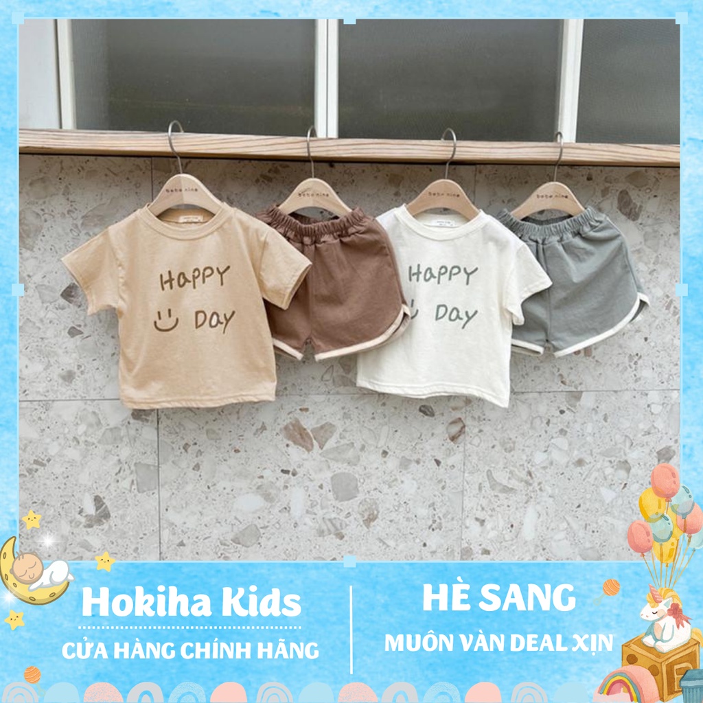 Bộ cộc tay Happy Day 2 màu cho bé trai bé gái, đồ bộ Hokiha Kids dễ thương chất cotton từ 8-15kg TE160