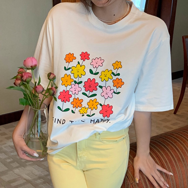 IELGY   Áo Thun Tay Ngắn In Hình Hoa Dễ Thương Dành Cho Nữ