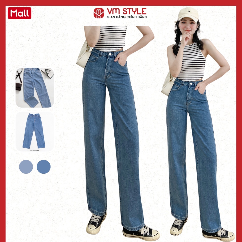 Quần jean nữ ống rộng VMSTYLE lưng cao trơn lai thường N110 Đ111 QJR00101