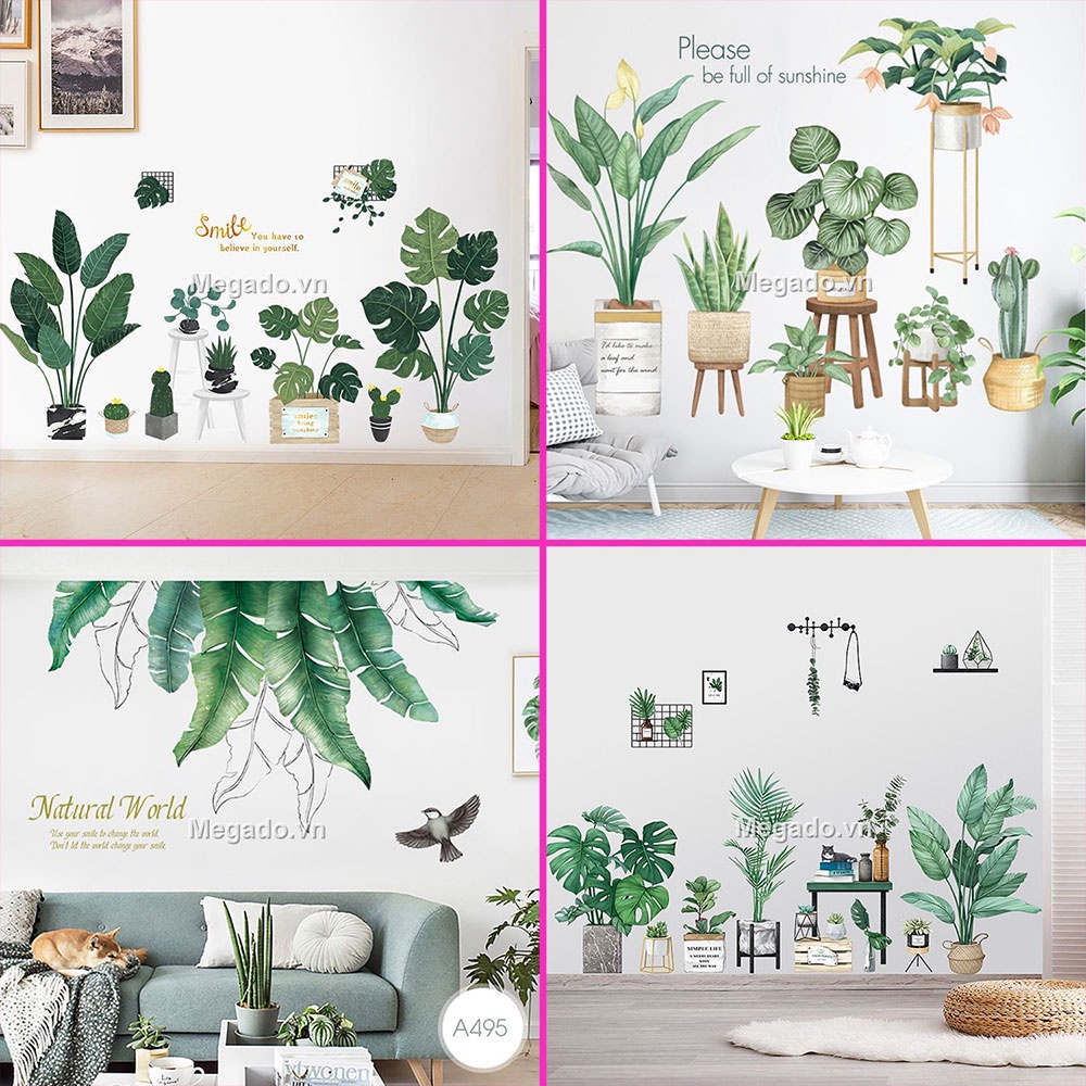 Decal cây xanh hạc hồng dán tường [AL0012] (Mẫu 2 tấm)