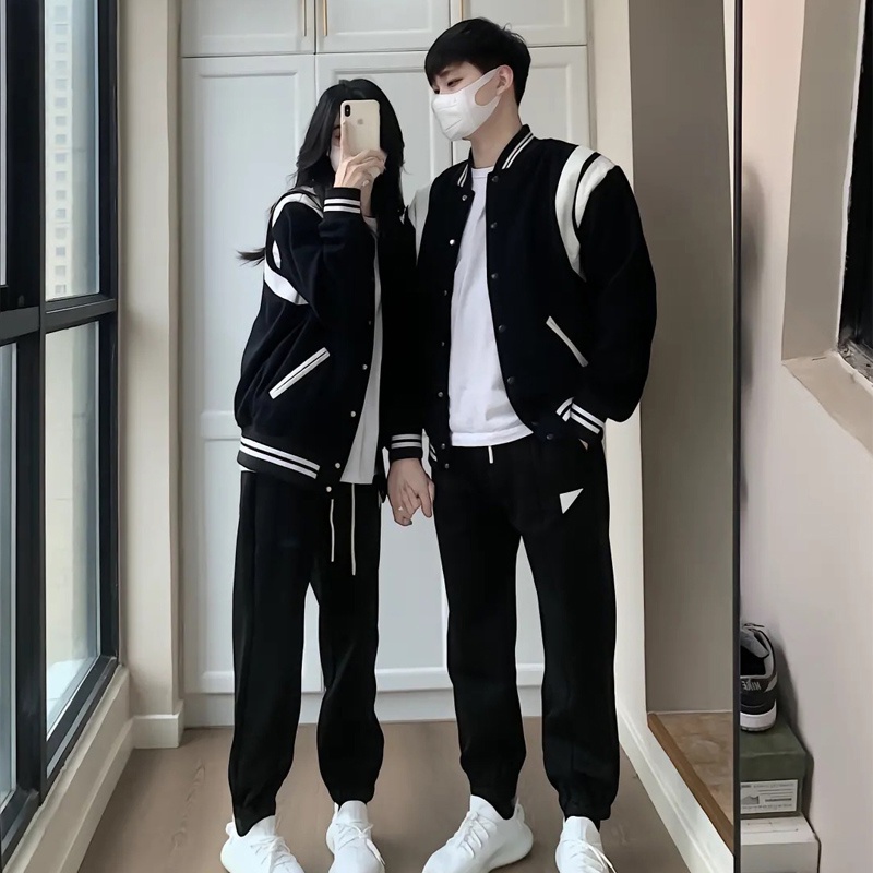 Áo bomber Teddy đen phối viền vai BIGOMALL - Áo khoác bomber nam nữ unisex freesize form rộng 65kg
