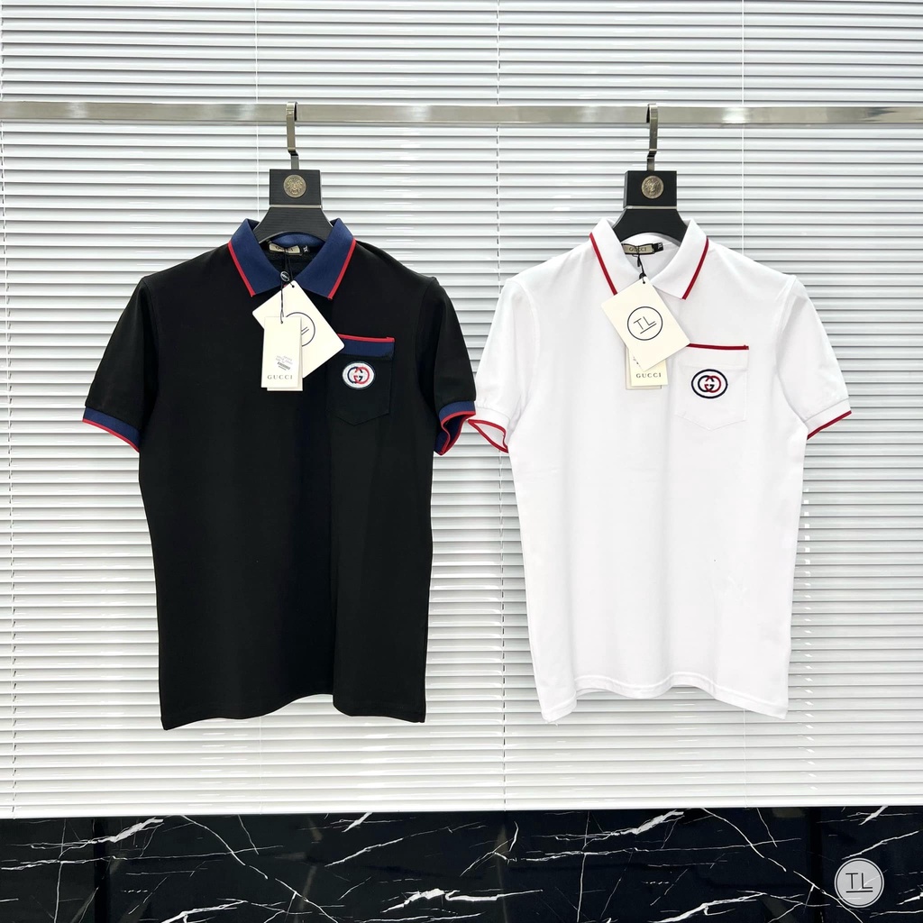 Áo POLO Phối Cổ Bẻ Sọc Viền Đỏ GUUCI Đơn Giản Bassic, Cotton Trơn Dệt Kim Mềm Mịn