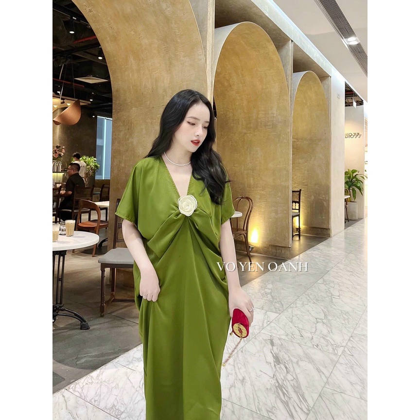 [3.3 Sales Freeship] Đầm suông cổ v tay dơi dáng dài đính hoa, đầm trơn basic nhún eo đính bông đi biển nhẹ nhàng mtb