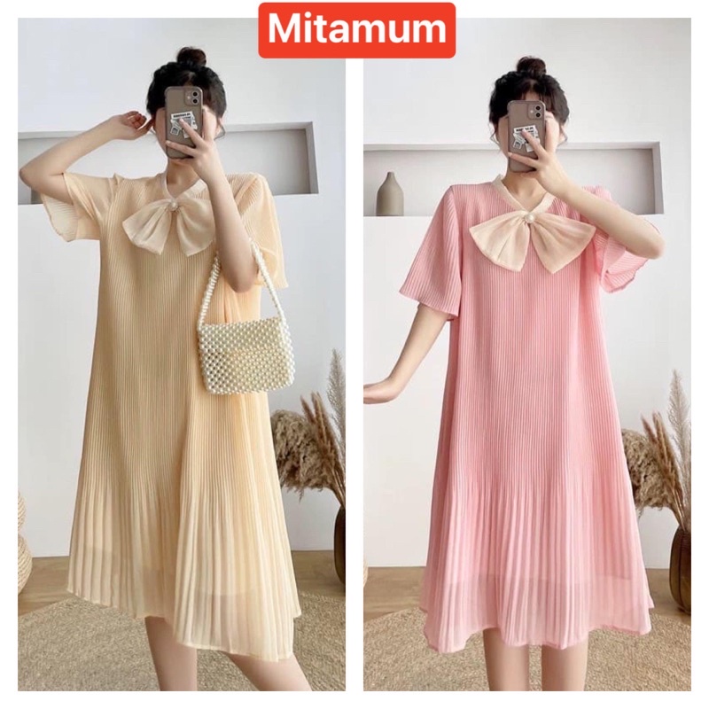 Váy đầm bầu công sở mùa hè cộc tay chất voan dập ly dài hai lớp thiết kế cổ nơ cao cấp đẹp giá rẻ