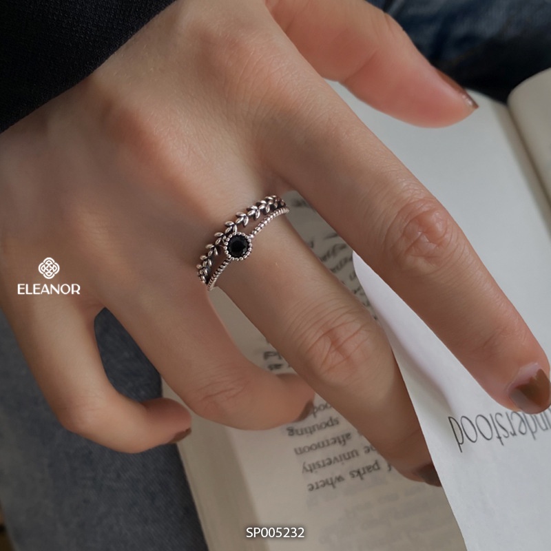 Nhẫn nữ hở bạc 925 Eleanor Accessories hình chiếc lá mặt tròn đính đá đen phụ kiện trang sức dễ thương 5232