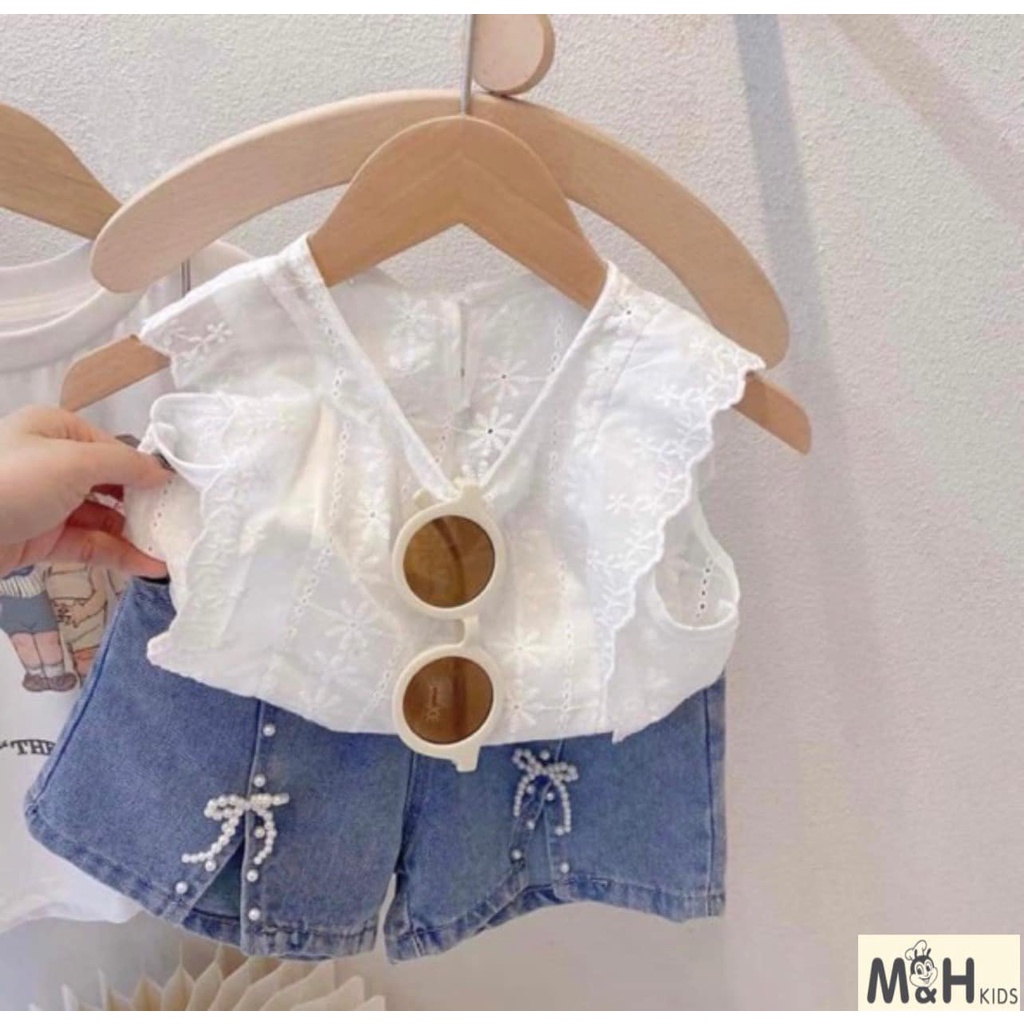 Set quần jean bò short cho bé gái, quần áo bé gái, bộ đồ cho bé gái hàng HM Kids