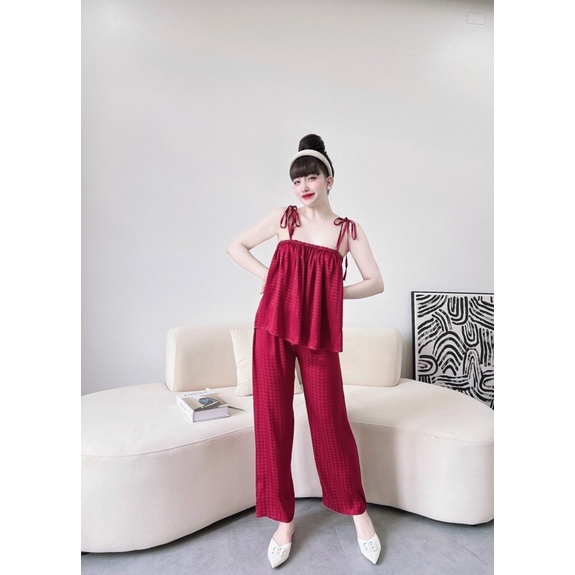 Set Bộ Gấm Xước Ánh Kim Áo Dây Thắt Tít Babydoll Quần Ống Rộng. Freesize 40-60kg ảnh thật