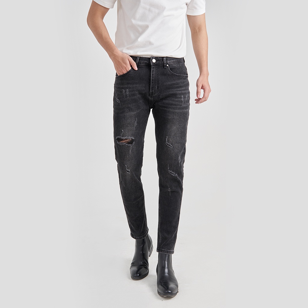 Quần Jean Nam Local Brand KRIK Dáng Slimfit Hàn Quốc, Màu Đen Rách Xước QJ0447