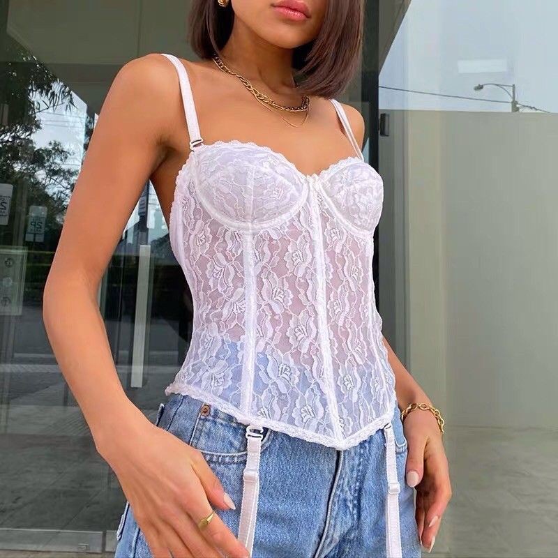 Áo hai dây croptop ren White Lace Top quyến rũ - Có ảnh thật
