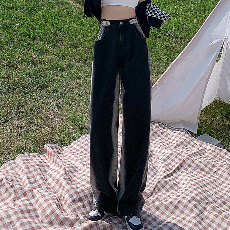 Quần Denim Lưng Cao Ống Rộng Màu Sắc Tương Phản Phong Cách Hàn Quốc