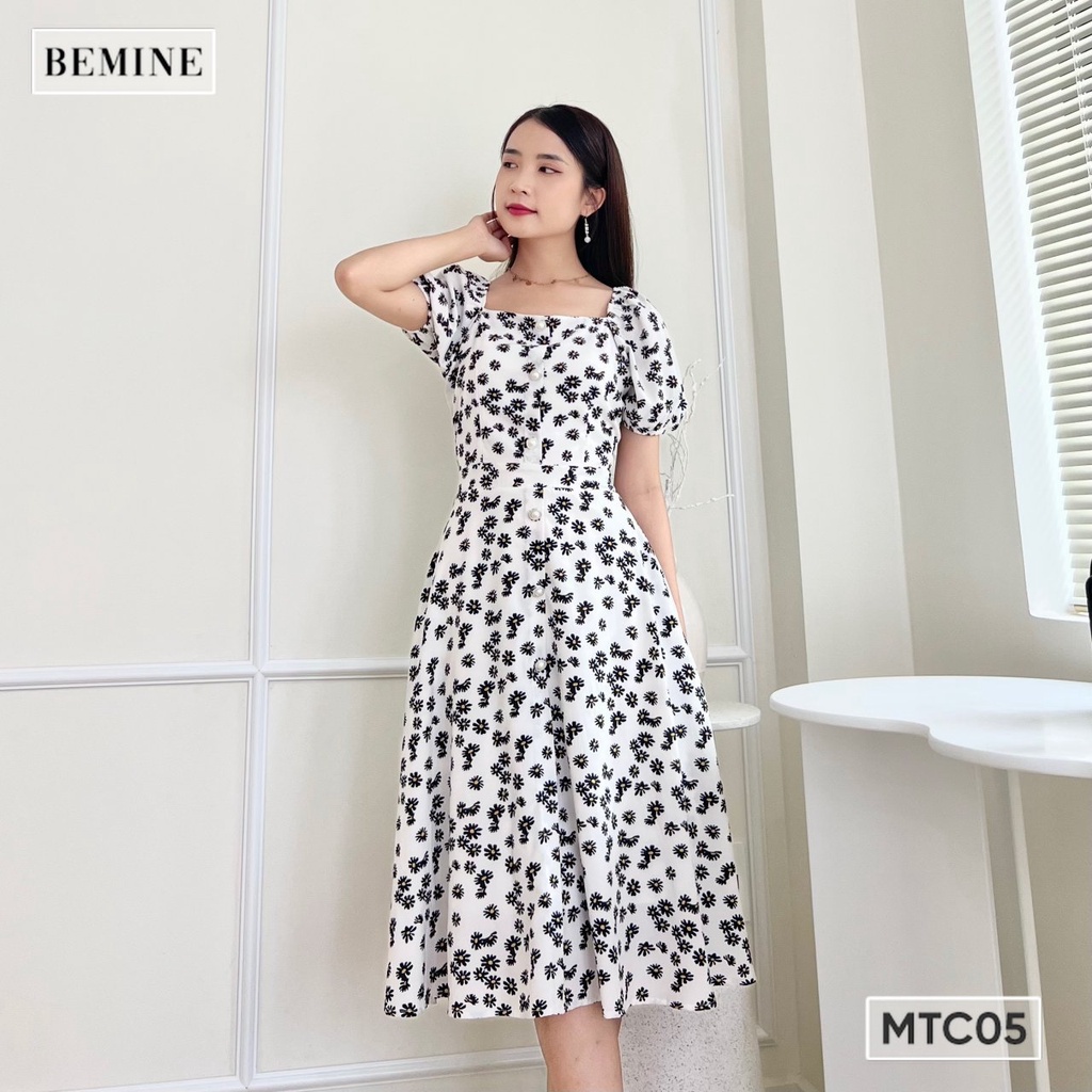 Đầm hoa tay phồng nút dọc BEMINE MTC05