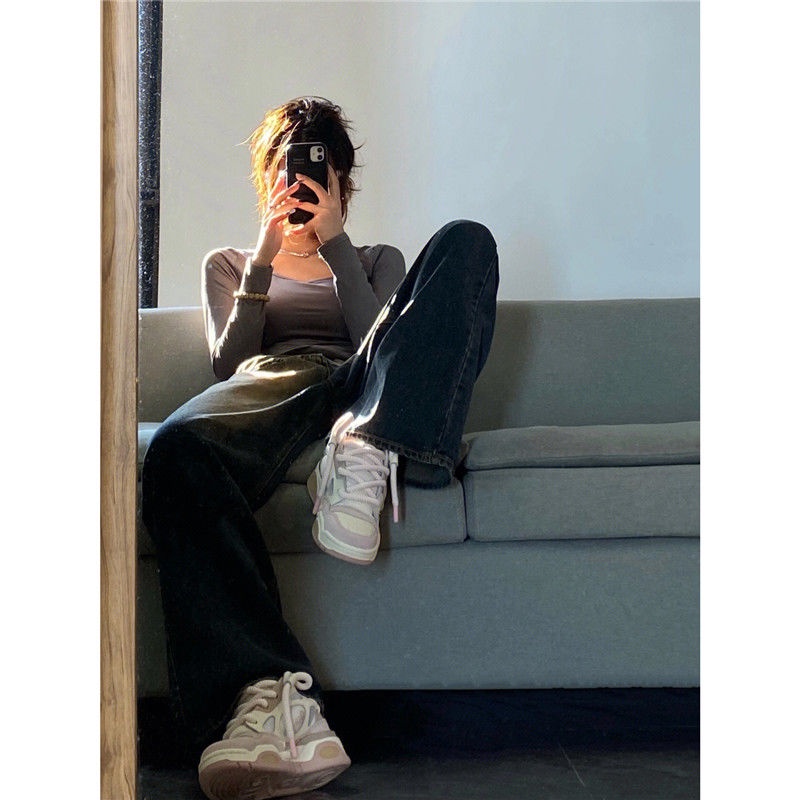 Quần Jean Nữ Ống Rộng Lưng Cao Phong Cách Retro Mỹ Thời Trang Mùa Thu Mới