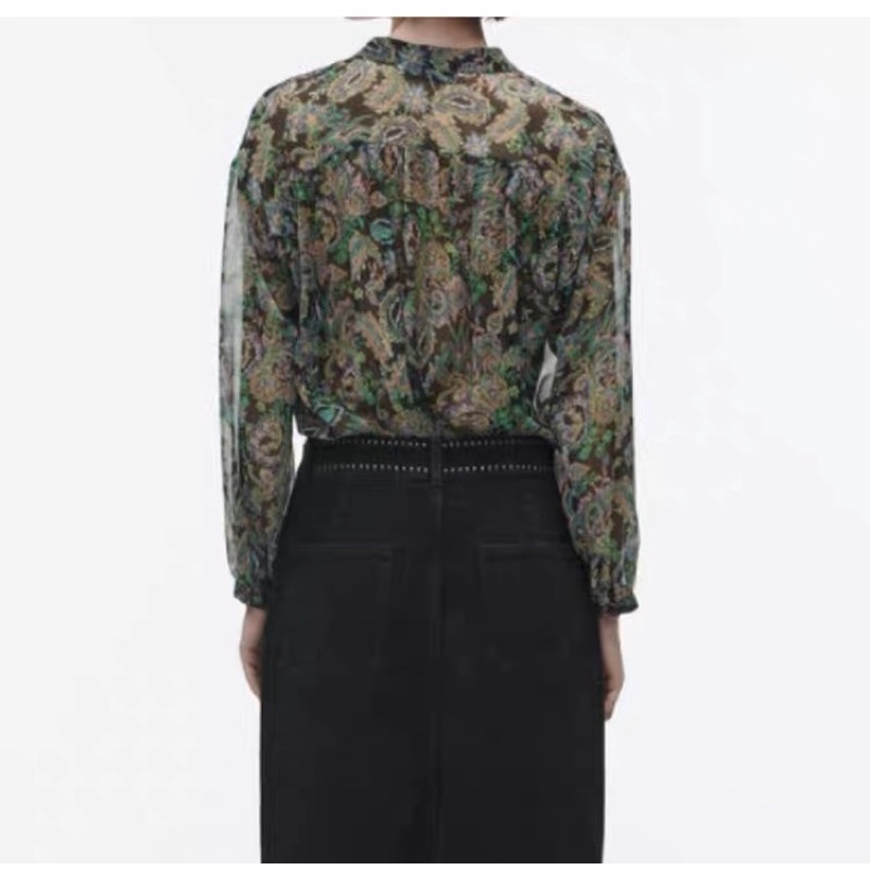 Made in Morocco - áo sơ mi Zara voan hoa lụa xanh trầm AH1SMVG40N10