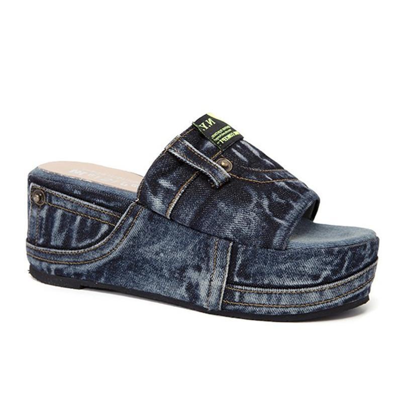 Giày Sandal Vải Denim Đế Dày Tăng Chiều Cao Thời Trang Cho Nữ
