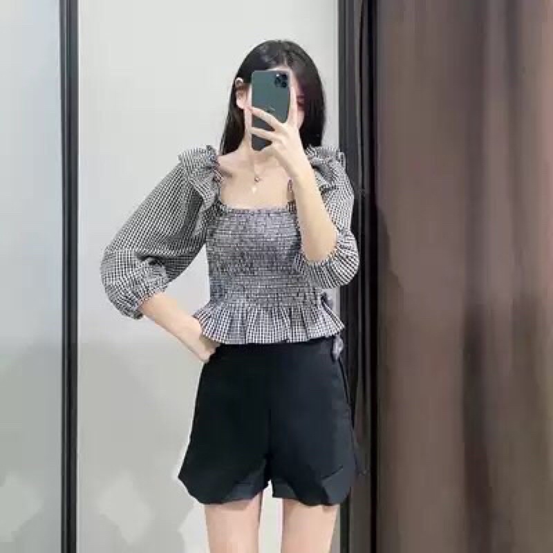 Áo kiểu nữ thân nhún smocking tay dài bo chun