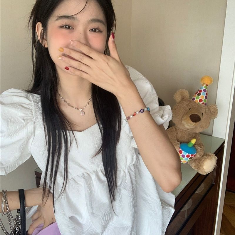 Áo kiểu COZOKC tay phồng ngắn cổ vuông thời trang đơn giản