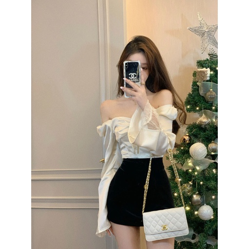 Áo Sơ Mi Satin Cổ Vuông Tay Loe Xếp Ly Thời Trang Xuân Hè 2023 Phong Cách Mới