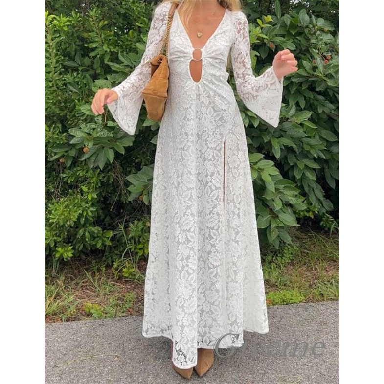 Đầm Ren Trắng Dáng Dài Cổ V Xẻ Tà Cao Tay Dài Hở Lưng Quyến Rũ Cho Nữ