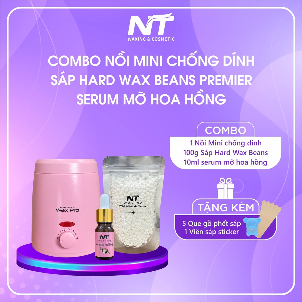 Combo nồi nấu sáp mini chông dính, 100gr sáp Wax Lông,10ml Mỡ Trăn NT WAXING