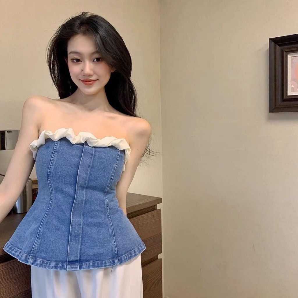 Áo jean viền bèo PINKSTORE29 kiểu xòe phối kèm dây buộc lưng A5611