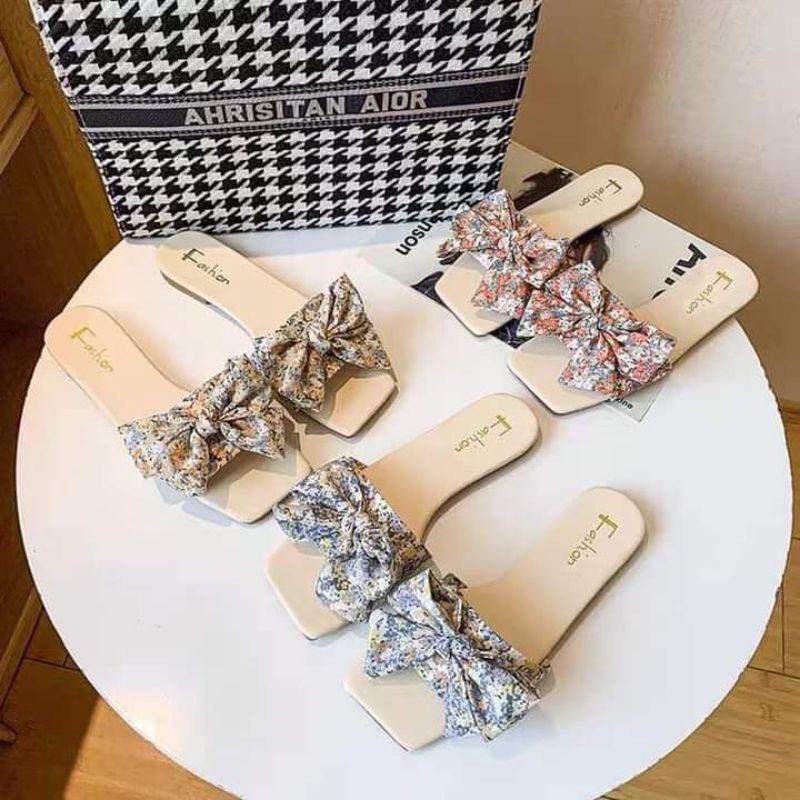 ( ORDER BIGSIZE) Dép quai ngang có nơ hoạ tiết hoa nhí size 40 41 42