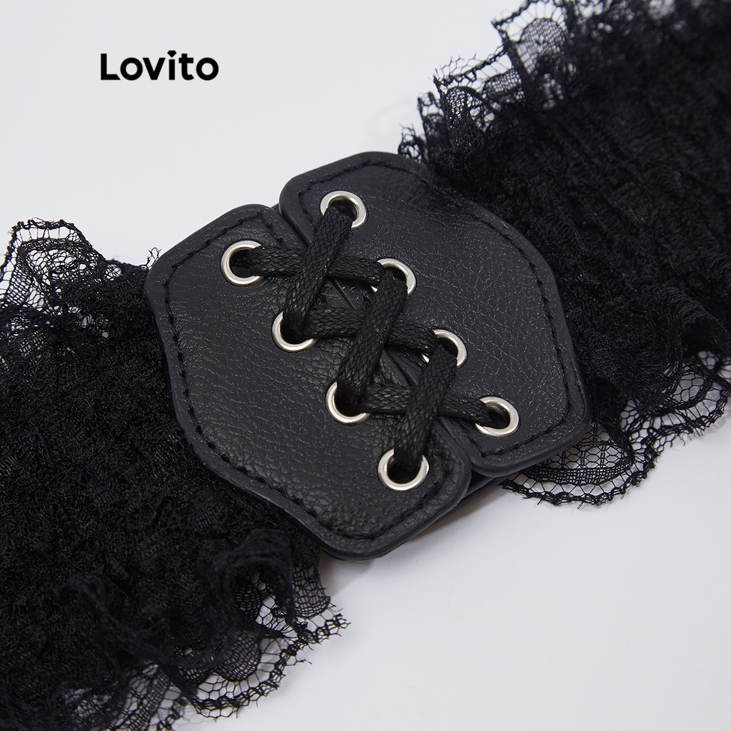 210QX Áo corset Lovito màu trơn phối dây rút cột dây qua khoen định hình cơ thể phong cách thường ngày L18X349 (Màu đen)