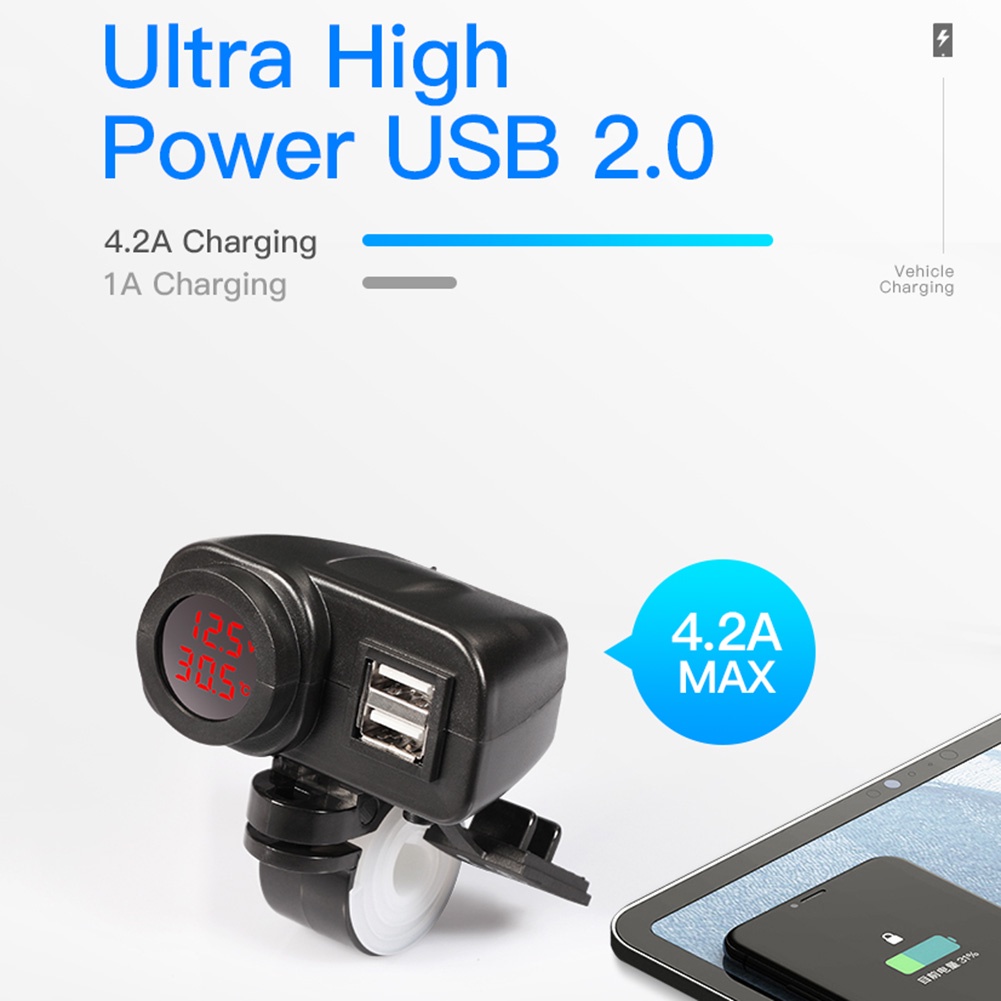 Bộ Sạc USB Kép Chống Nước Gắn Tay Lái Xe Máy Kèm Nhiệt Kế Vôn Kế