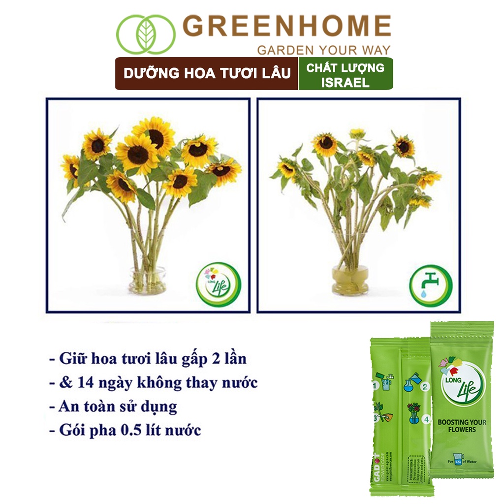 50 gói Dưỡng hoa tươi lâu longlife Greenhome, gói 5gr, lâu tàn, nở bông to, không bị hôi nước