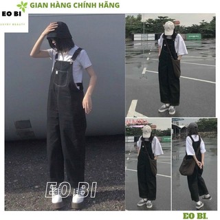 Quần yếm nữ đen túi giả trước ống rộng, Quần yếm suông dài nối 2 dây chất liệu kaki freesize trẻ trung năng động - EOBI