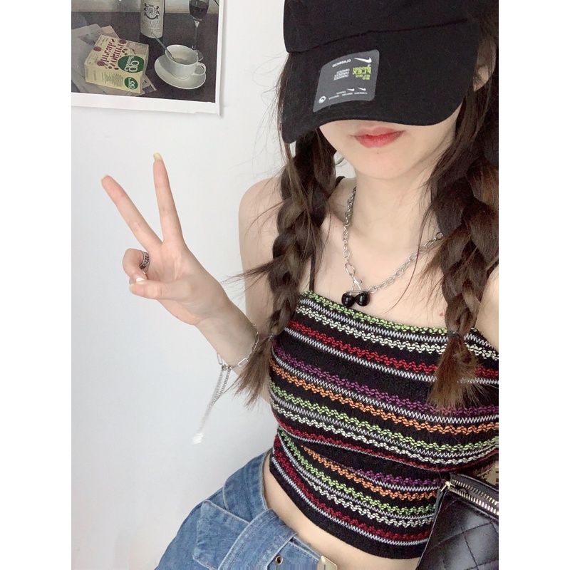 Áo Ngắn Hai Dây Kẻ Sọc Ngang Ngực Nhỏ Xinh Thời Trang Mùa Hè Phong Cách Hàn Quốc Dành Cho Bạn Nữ Mặc Bên Trong