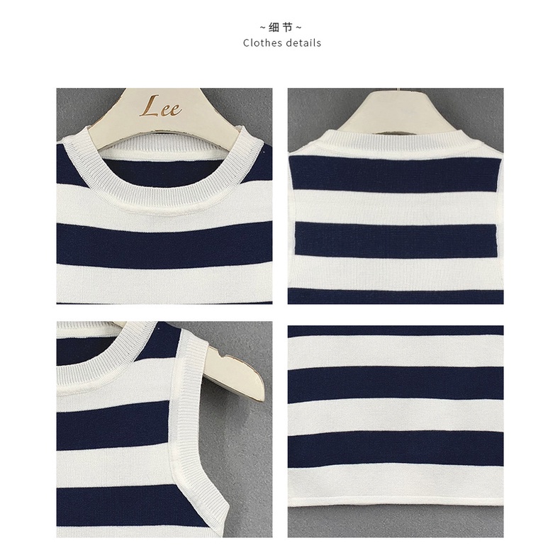 Áo Dệt Kim Ngắn Cổ Tròn Họa Tiết Kẻ Sọc Nhiều Màu Sắc Thời Trang Mùa Hè 2023 Mới Cho Nữ