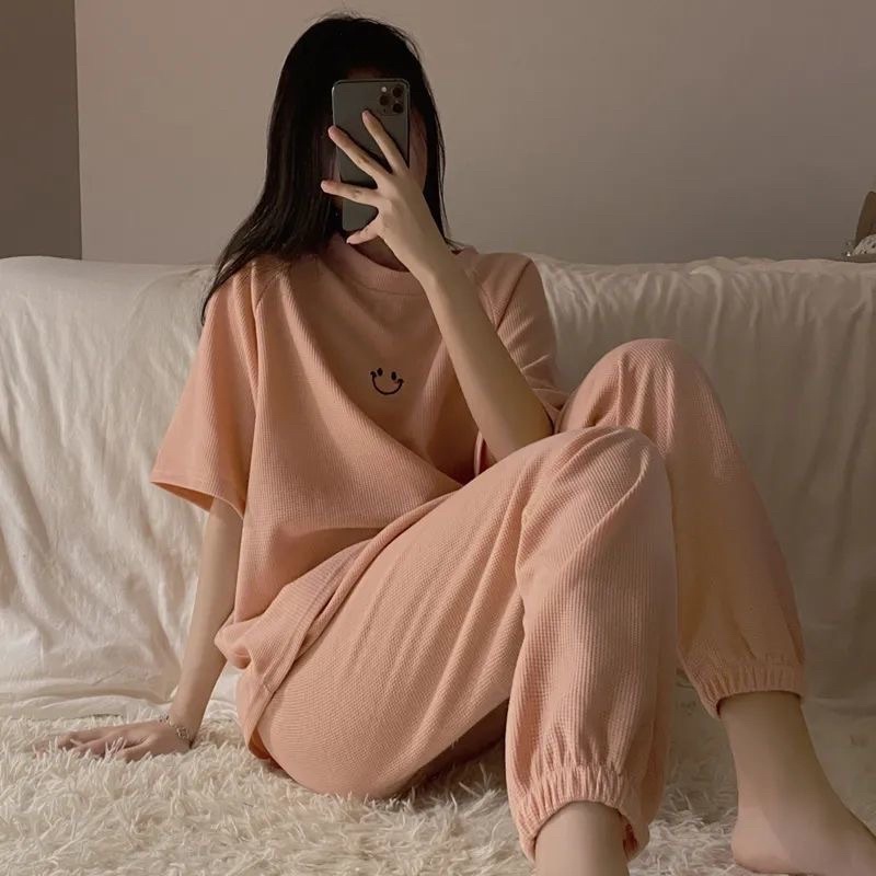 Bộ mặc nhà áo cộc quần dài chun gấu hình mặt cười pastel ulzzang