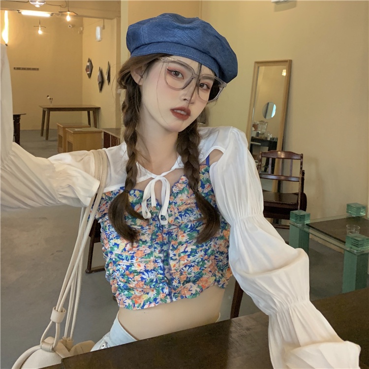 Set Áo Hai Dây Họa Tiết Hoa + Áo Sơ Mi Màu Trơn Thời Trang Mùa Hè Mới Cho