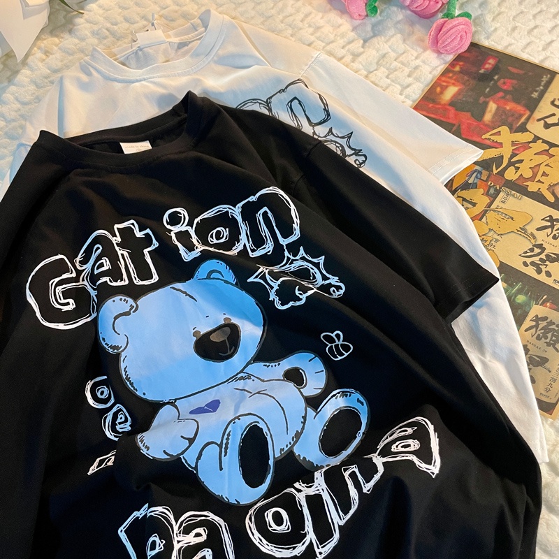 Áo Thun Tay Ngắn In Họa Tiết Hoạt Hình Gấu Graffiti Phong Cách Nhật Bản Thời Trang Mùa Hè Cho Nữ