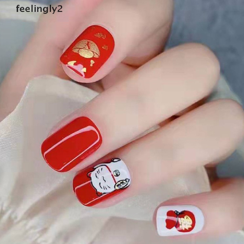 [Hàng Có Sẵn] Hộp 30 Móng Tay Giả Dạng Nhấn Ngắn Trang Trí Năm Mới (F)