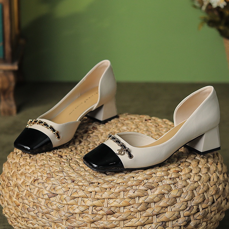 BEIJIANI Giày Cao Gót 4.5cm Mũi Vuông Miệng Nông Đính Dây Xích Màu Sắc Xinh Xắn Cho Nữ