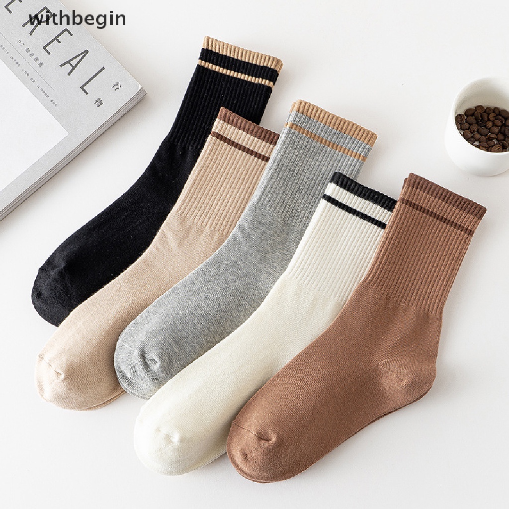 Set 2 Đôi Vớ Cotton Thoải Mái Màu Trơn Họa Tiết Kẻ Sọc Đơn Giản Thời Trang Cho Nữ