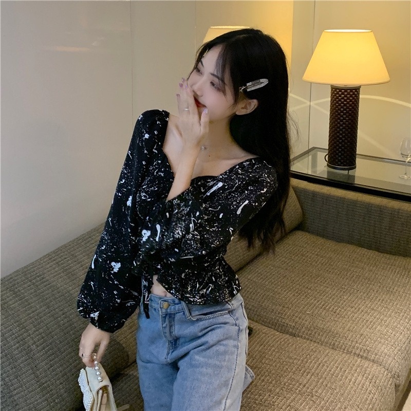 Áo Kiểu Tay Dài Phồng Thiết Kế Dây Rút Phong Cách Cổ Điển Thời Trang Mới Cho Nữ