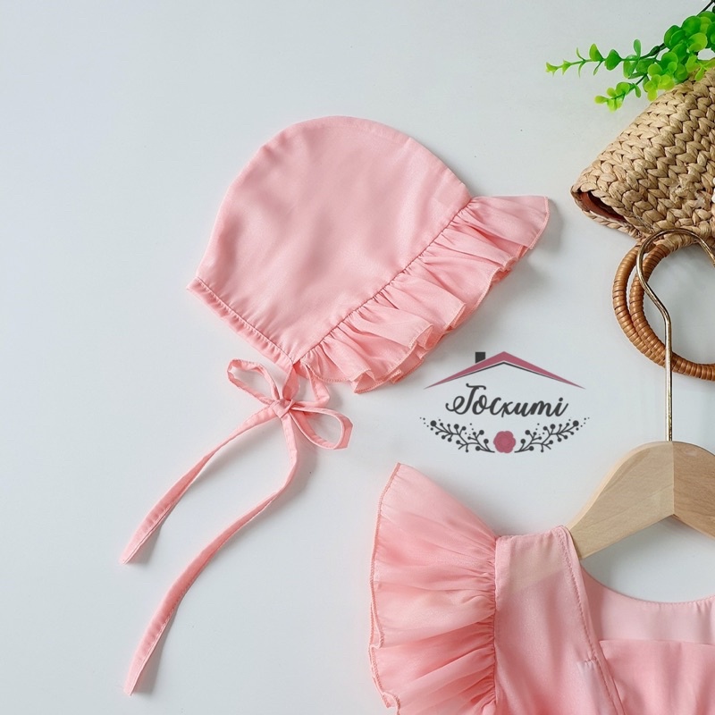 Bộ liền thân hồng cánh tiên nơ lưng viền ren trắng cao cấp - Tocxumi