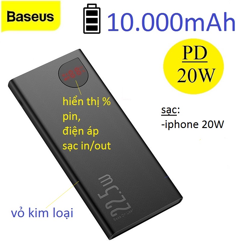Sạc dự phòng Baseus Adaman Metal digital display dung lượng 10000mah sạc nhanh 22.5W (PPDM10s)